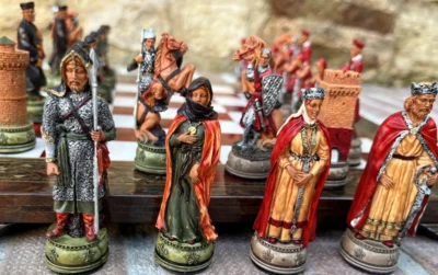 King Arthur Camelot Chess Set – Hand Painted Medieval Resin Figures, Vintage - Image 1 of 4