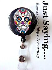 Sugar Skull male (dia de los muertos) black ~ Retractable Reel ID Badge Holder