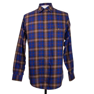 Brooks Brothers Slim Fit Mens M Blue Brown Plaid Check Cotton Non Iron LS Shirt - Image 1 of 4