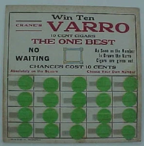 1930s Noblesville Indiana Cranes Varro Cigars unused gambling pull-tab tipcard-- - Picture 1 of 1
