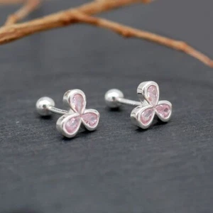 Lovely Clover Pink CZ Screw Stud Earrings in 999 Sterling Silver A4350 - Picture 1 of 7