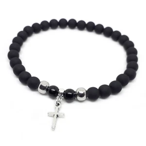 Bracciale con croce perle nero e argento in acciaio inox braccialetto uomo donna - Foto 1 di 1