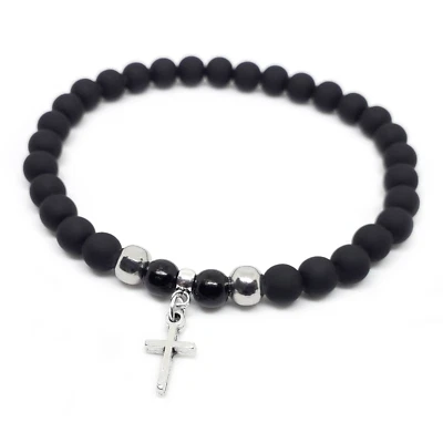 Bracciale con croce perle nero e argento in acciaio inox braccialetto uomo donna - Immagine 1 di 4
