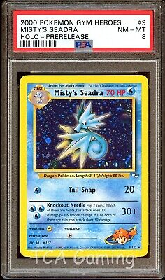 PSA 8 NM-MINT Misty's Seadra 9/132 PRERELEASE Gym Heroes HOLO PROMO Pokemon Card