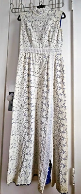 Vtg UTAH TAILORING MILLS white lace overlay front slits maxi tall neck dress Sz4 - Image 1 of 4