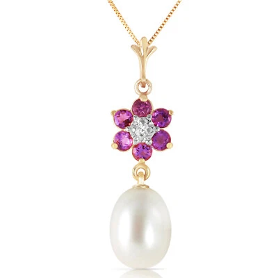 4.53 CTW 14K Solid gold fine Necklace 16-24" genuine pearl Amethyst Diamond - Image 1 of 4