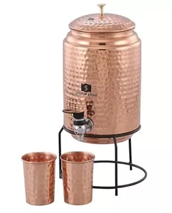 Dispenser Acqua Rame Serbatoio Matka Pentola 5 Litri con 2 Bicchieri, Supporto Ferro - Foto 1 di 10