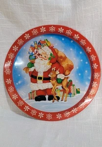 Bandeja de servir de Navidad de metal vintage 13" redonda Papá Noel reno entretenimiento - Imagen 1 de 7