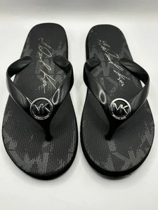 Michael Kors Womens 7 Bedford Sandals Signature Black Silver Logo Flip Flops - Picture 1 of 4