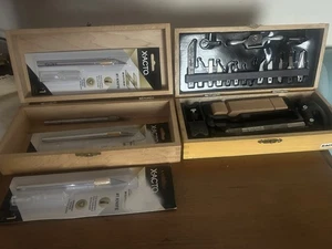 2 - Vintage  X-Acto Exacto Sets Wood Boxes 6 Knifes Shavers Mat Cutter Blades - Picture 1 of 9