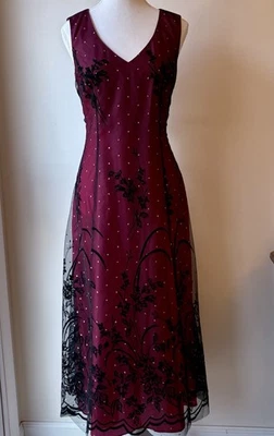 Coldwater Creek Holiday Party Midi Dress Size 6 Red Floral Burnout Overlay Fairy - Image 1 of 4