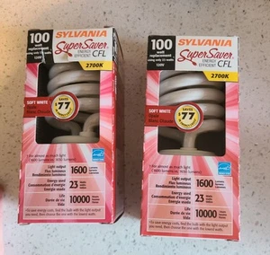 Two Sylvania 100W CFL Super Saver Soft White 120V Base Light Bulb - Picture 1 of 6
