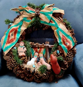 Native American Nativity 20" Handcrafted Wreath Figurines Pinion Cones Turquoise - Picture 1 of 5