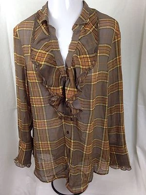 NWT New York & Company Brown Plaid Button Down Blouse 18 Ruffled Collared Top  - Image 1 of 4