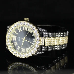 Herrenuhr zweifarbig rundes Zifferblatt vereiste Lünette 44 mm CZ vergoldet Metallband - Bild 1 von 8