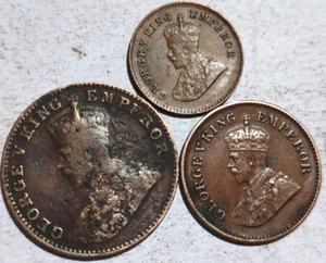 BRITISH INDIA GEORGE V ONE QUARTER ANNA, 1/2 PICE, 1/12 ANNA COPPER 3 OLD COINS - Picture 1 of 3