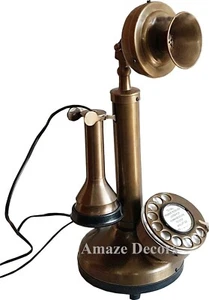 Antique Brass Landline Telephone Vintage Rotary Dial Nautical Candlestick Phone - Picture 1 of 5