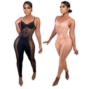 Women's Sexy Mesh Sheer Lace Jumpsuit Clubwear Romper Bodysuit Party See-through - Picture 1 of 14