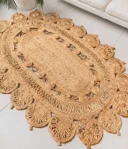 Natur Oval Teppich Jute Geflochten Offen Geometrisches Muster 90 cm x 150 cm - Bild 1 von 5