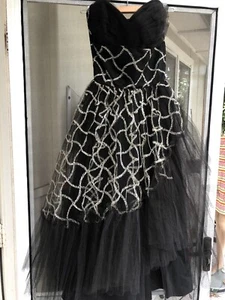 Vtg 50s Black Tulle With Silver Diamond Pattern Fit And Flare Party Dress 6 - Picture 1 of 9