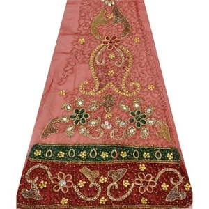 Sanskriti Vintage Design Fabric Hand Beaded Indian Dark Red Patch Work Decor - Picture 1 of 10