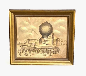Original Antique/Vintage Custom Framed Oil Painting, Hot Air Balloon, 30" x 28" - Picture 1 of 8