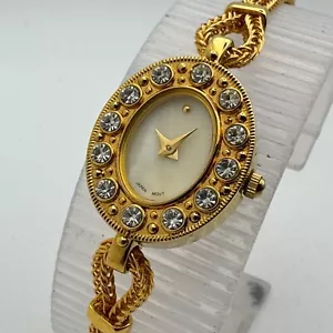 Vintage Avon Quartz Watch Women Gold Tone Crystals Bezel Oval New Battery 6.75" - Picture 1 of 6