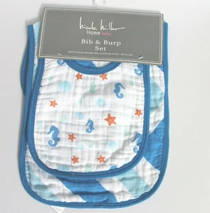 Nicole Miller Baby Nautical Print Bib & Burp Set White & Blue NWT - Picture 1 of 4