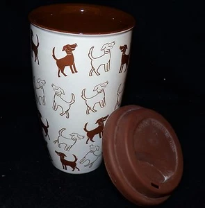 Coldwater Creek Marron Chiens Céramique Silicone Couvercle Voyage Café Tasse Mug - Picture 1 of 7