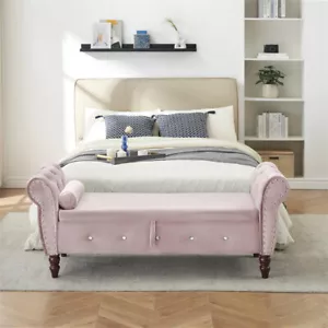 63.38"Velvet Storage Bench Bedroom Bench w/Wood Legs & Pillow for Living Bedroom - Picture 1 of 8