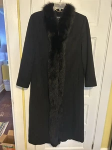 Ellen Tracy Fox Fur Trim Wool Blend Black Long Wool Coat Winter Jacket Size 14 - Picture 1 of 6