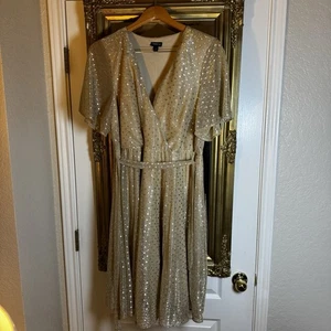 Gold Schimmer PolkaDot Cocktail Urlaub Kleid Flatterärmel Wadenlang 1X Torrid - Bild 1 von 10