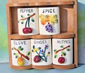 Vintage Spice Rack, Made in Japan Ceramic Shakers Clove Ginger Nutmeg Set of 5 - Foto 1 di 12