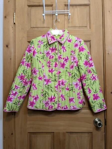 Silkland Women's Med Medium Silk Floral Neon Pink Green Quilted Jacket Coat VTG - Picture 1 of 15