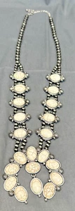 Faux White Buffalo Turquiose Squash Blossom Necklace 29" Cabochon Brown Vein - Picture 1 of 9
