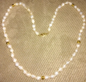 VINTAGE 14K GOLD BEAD GENUINE FRESHWATER PEARL IMPERIAL NECKLACE VELVET BAG 70s - Picture 1 of 9