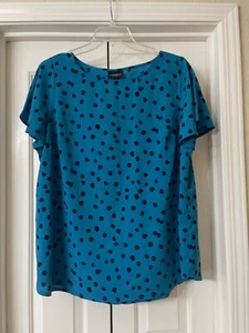 Lane Bryant Teal Short Sleeve Shirt Top w/ Black Irregular Polk Dots - Size 13 - Picture 1 of 1