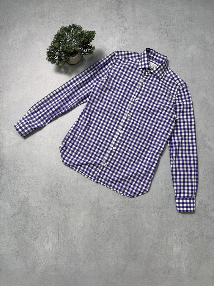 Vestido Camisa Luigi Borrelli Manga Longa com Botões Tamanho 39/15.5 Xadrez Roxo - Imagem 1 de 4