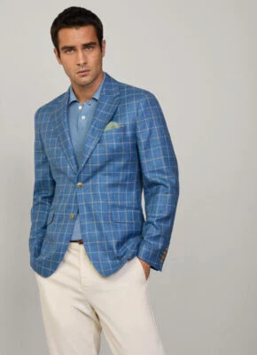 HACKETT LONDON - PACIFIC BLUE TATTERSALL CHECKED LINEN-SILK AND WOOL BLEND BL...