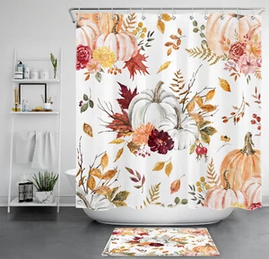 Harvest Orange Pumpkin Fall Pink Floral Shower Curtain Set for Bathroom Decor - Picture 1 of 18