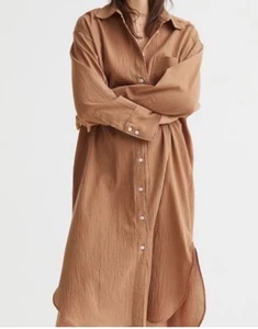 H&M Damen Oversize Kakaobraun Baumwolle Shirtkleid Coverup Knopf MIdi XL - Bild 1 von 9