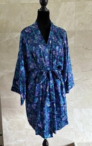 Vintage Ralph Lauren Seiden Morgenmantel groß blau Blumen Wickel Kimono Loungewear 90er Korea - Bild 1 von 9