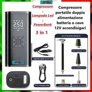 Compressore Portatile a Batteria 3 in 1 Gonfia Illumina Powerbank Cavo 12V Auto - Foto 1 di 8
