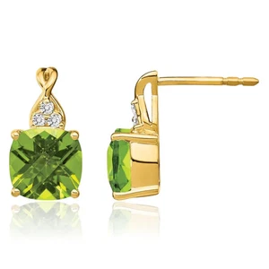 14K Solid Yellow Gold Peridot Diamond Dangle Earrings - Picture 1 of 11