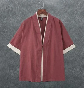 Men's Open Front T-Shirt Chinese Style Short Sleeve Summer Linen Oversize 2019 - Picture 1 of 16