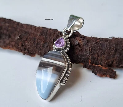 Natural Owyhee Opal & Amethyst Pendant 925 Sterling Silver Handmade Gift PG514 - Image 1 of 3