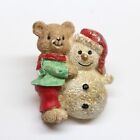 Vintage Christmas Winter Teddy Bear Hug Glittery Snowman with Hat Resin Pin