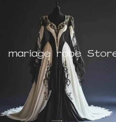 History Black White Gothic Victorian Wedding Dresses Fariy Long Sleeve Lace-up - Image 1 of 4