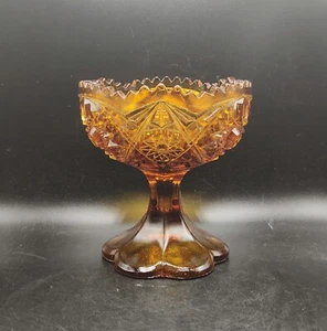 Vintahe KEMPLE WHEATON Amber Glass Compote Hobstar Sawtooth Candy Dish 5" - Picture 1 of 9