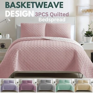3 Piece Quilted Bedspread Basket Weave Bed Throw Single Double King Bedding Set - Picture 1 of 108